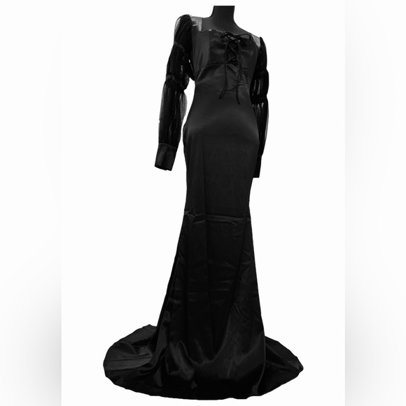 Unholy Midnight Reverence Elegant Satin Long Puff Sleeve Maxi Dress - Picture 3 of 6